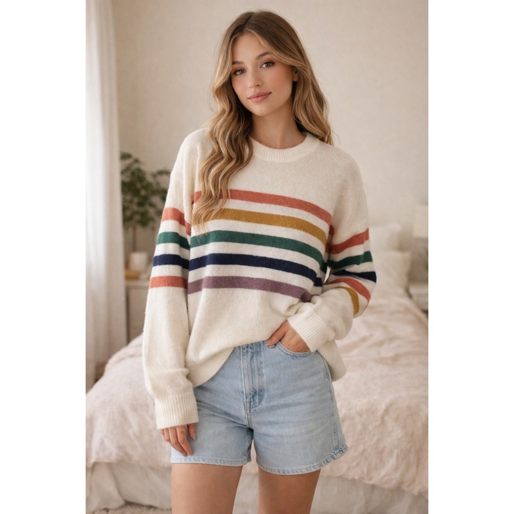 Lulus Womens Striped‎ Crew Neck Knit Sweater White Multicolor Sz M granola Hygge
